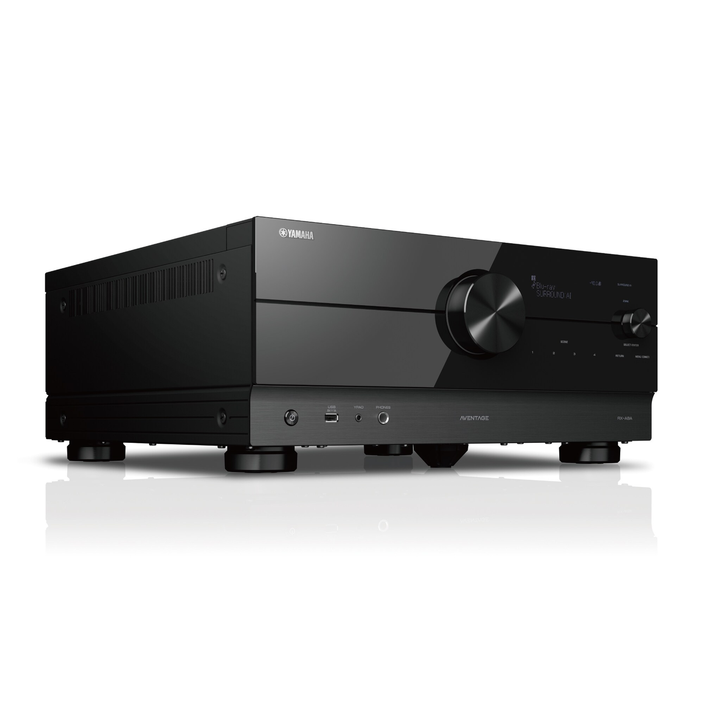 Yamaha RX-A8A AV-Receiver Schwarz Schrägansicht mit Lüftungsgitter und Lautstärkeregler