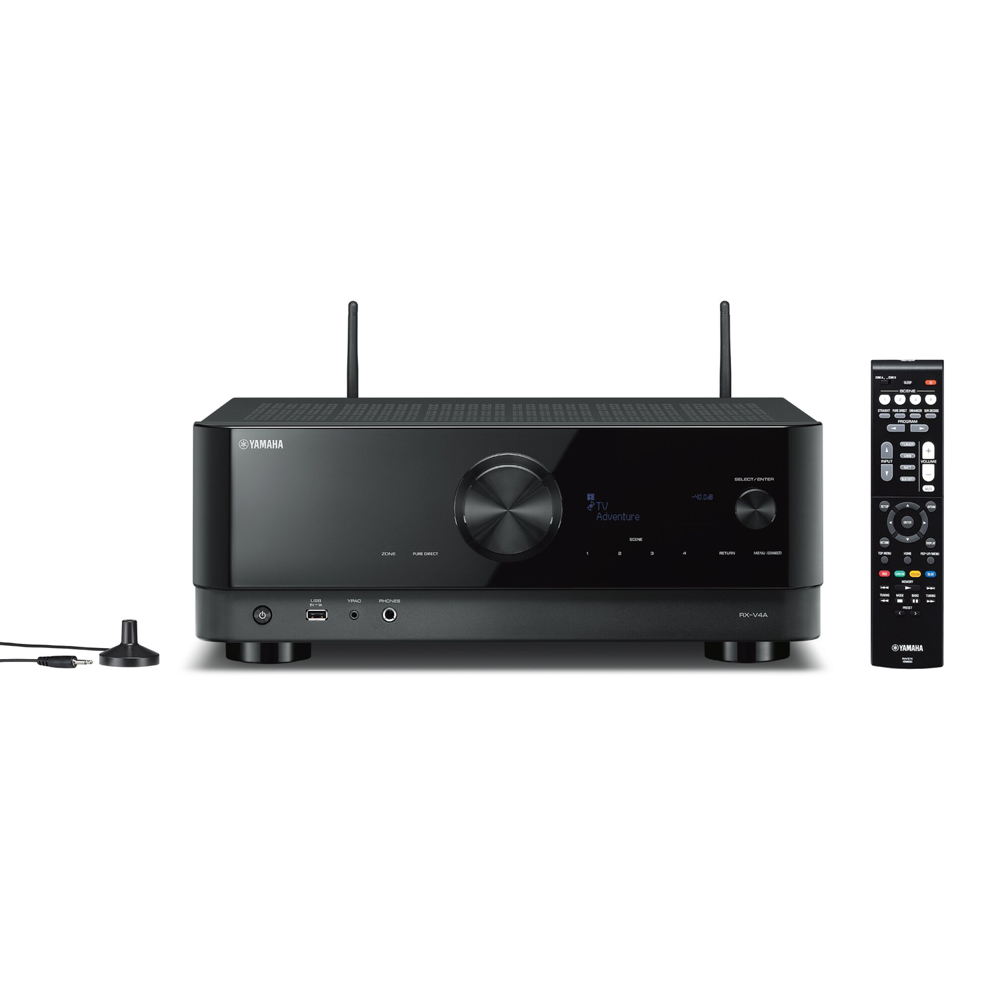 Yamaha RX-V4A AV-Receiver Schwarz Frontansicht mit aufgestellten Antennen und Fernbedienung