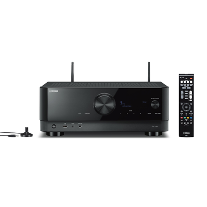 Yamaha RX-V4A AV-Receiver Schwarz Frontansicht mit aufgestellten Antennen und Fernbedienung