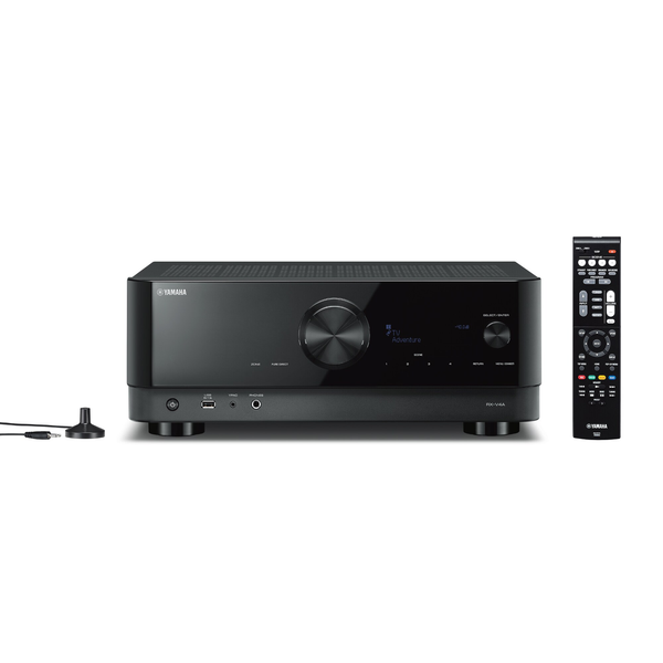 Yamaha RX-V4A AV-Receiver Schwarz Frontansicht mit Fernbedienung und Einmessmikrofon