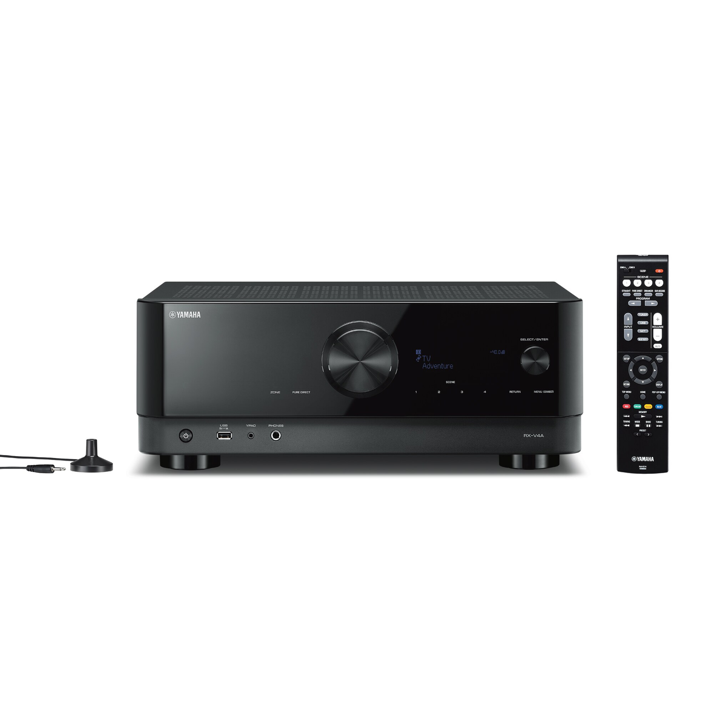 Yamaha RX-V4A AV-Receiver Schwarz Frontansicht mit Fernbedienung und Einmessmikrofon