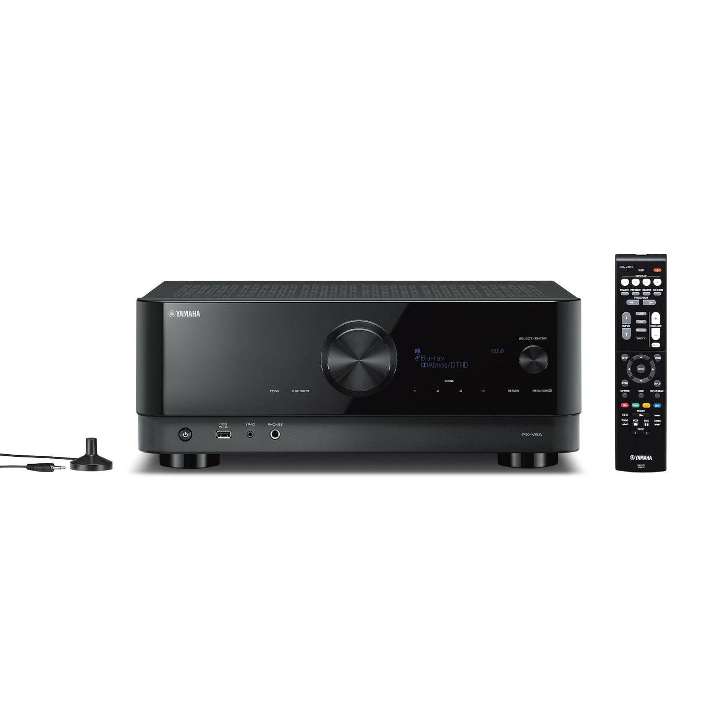 Yamaha RX-V6A AV-Receiver Schwarz Frontansicht mit Fernbedienung und Einmessmikrofon
