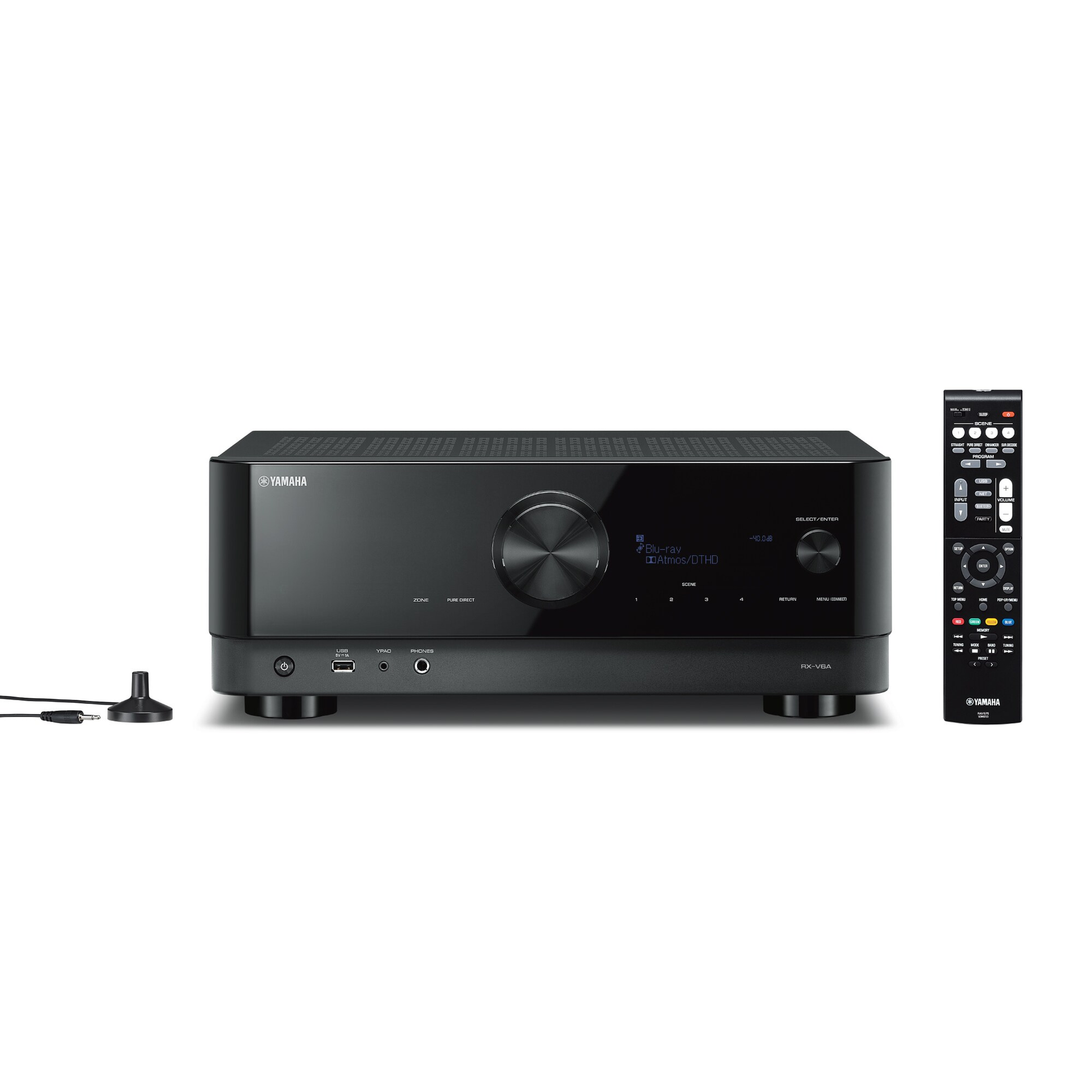Yamaha RX-V6A AV-Receiver Schwarz Frontansicht mit Fernbedienung und Einmessmikrofon
