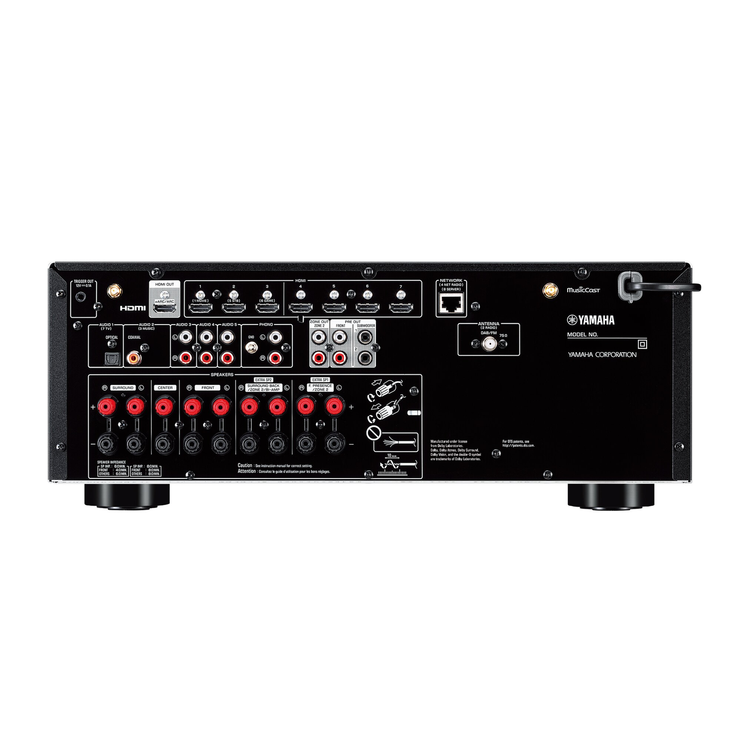 Yamaha RX-V6A AV-Receiver Schwarz Rückansicht mit HDMI-Anschlüssen und Lautsprecherterminals