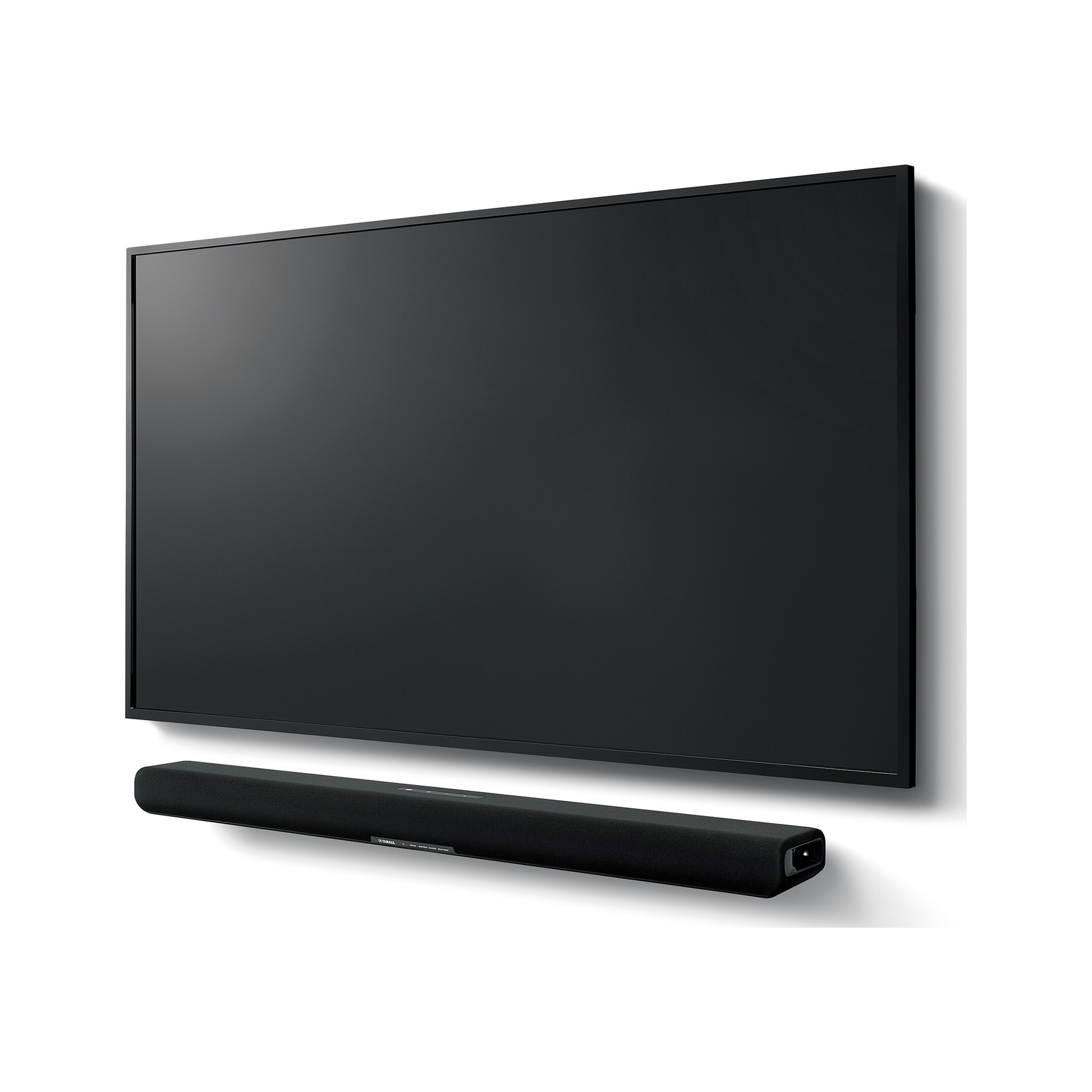 Yamaha SR-B30A Dolby-Atmos-Soundbar Schwarz Schrägansicht vor einem Fernseher