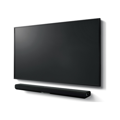 Yamaha SR-B30A Dolby-Atmos-Soundbar Schwarz Schrägansicht vor einem Fernseher