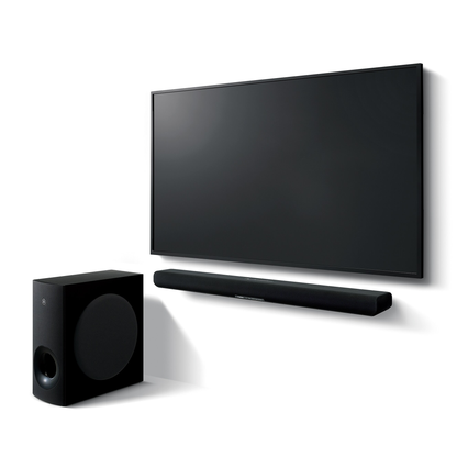 Yamaha SR-B40A Soundbar mit Wireless-Sub Schwarz Schrägansicht mit Fernseher und Subwoofer