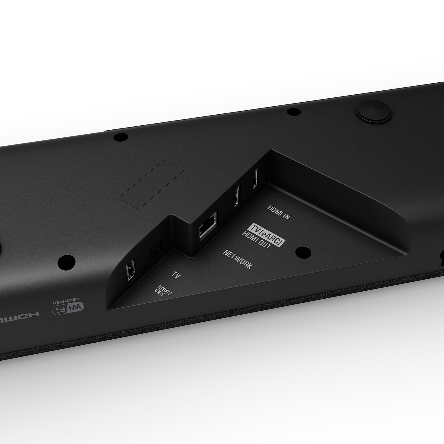 Yamaha True X Bar 50A Dolby-Atmos-Soundbar Grau Anschlussfeld mit HDMI-Eingang, HDMI-Ausgang und Netzwerkbuchse