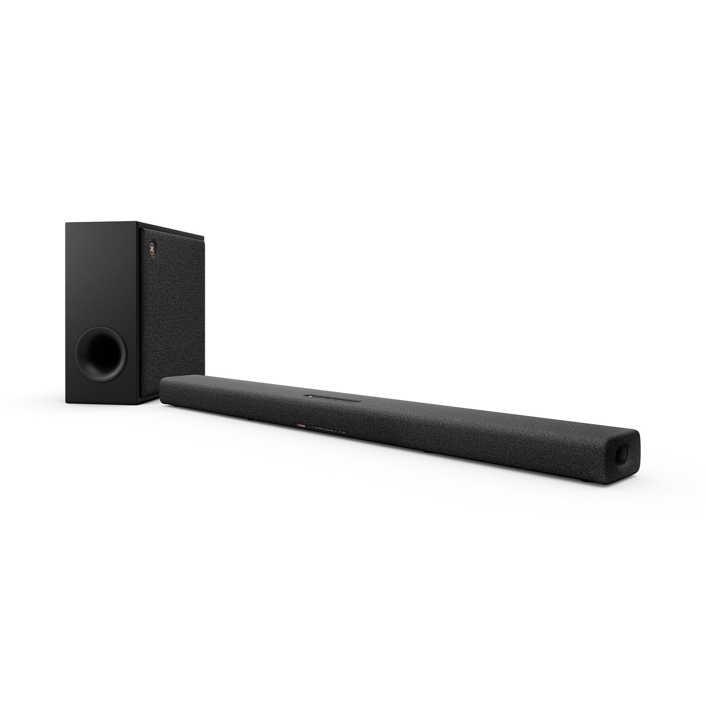 Yamaha True X Bar 50A Dolby-Atmos-Soundbar Grau Schrägansicht der Soundbar auf dem Sideboard