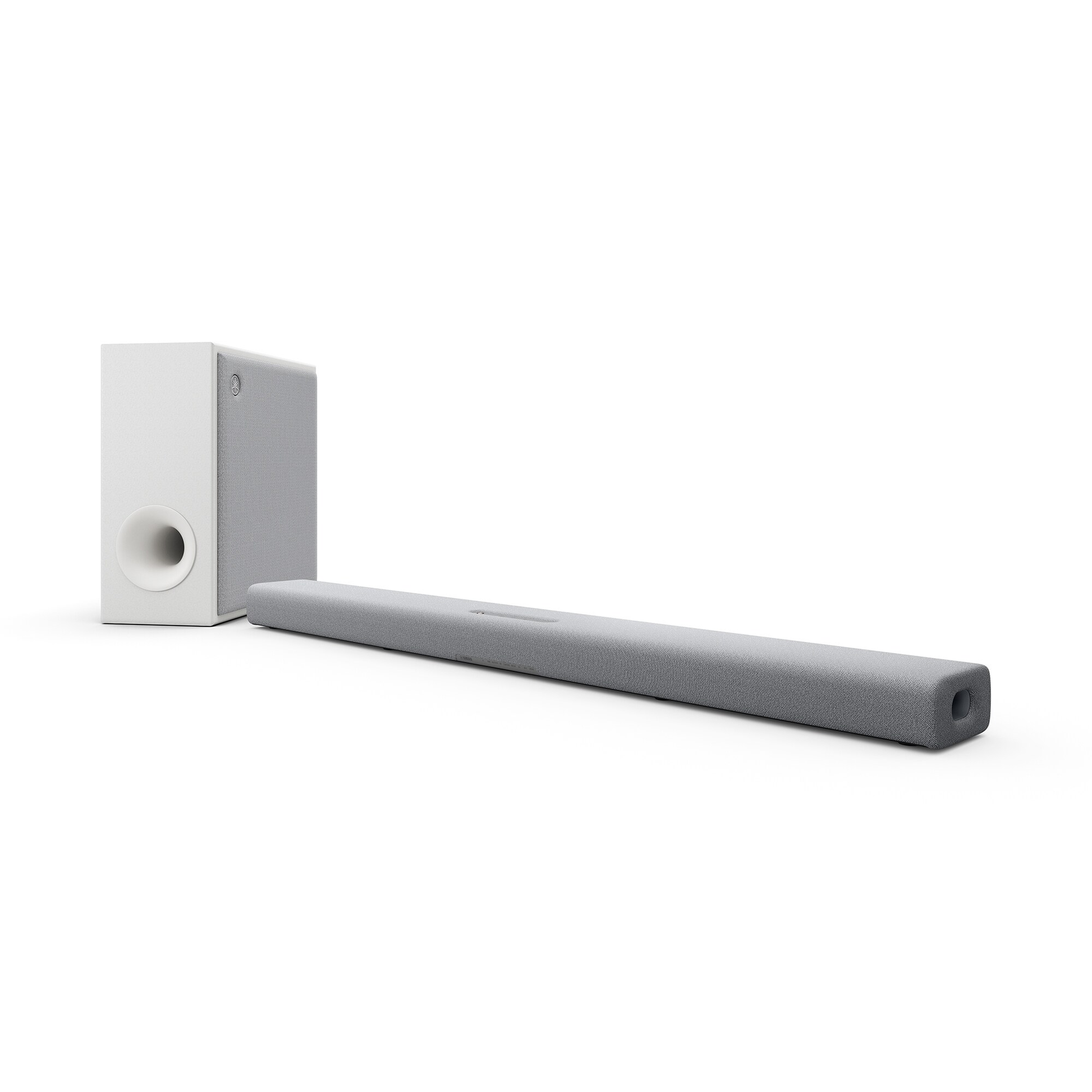 Yamaha True X Bar 50A Dolby-Atmos-Soundbar Hellgrau Schrägansicht der hellen Soundbar auf dem Sideboard