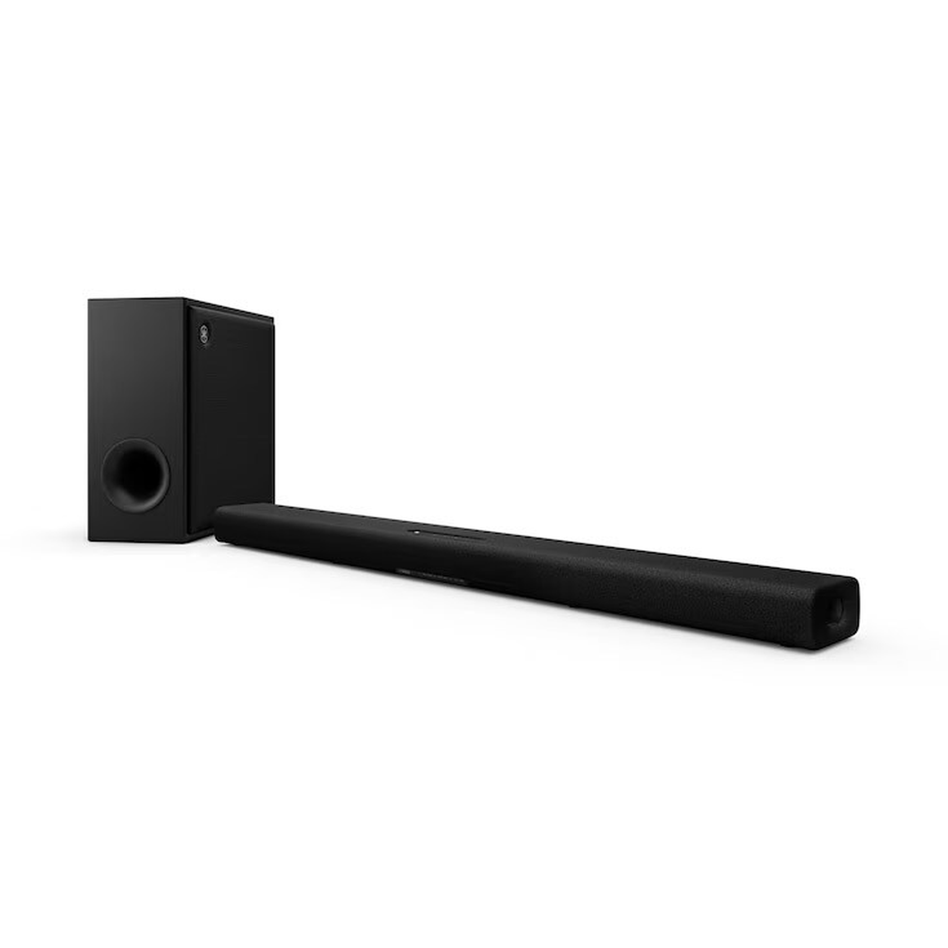 Yamaha True X Bar 50A Dolby-Atmos-Soundbar Schwarz Schrägansicht von Soundbar und drahtlosem Subwoofer in Schwarz