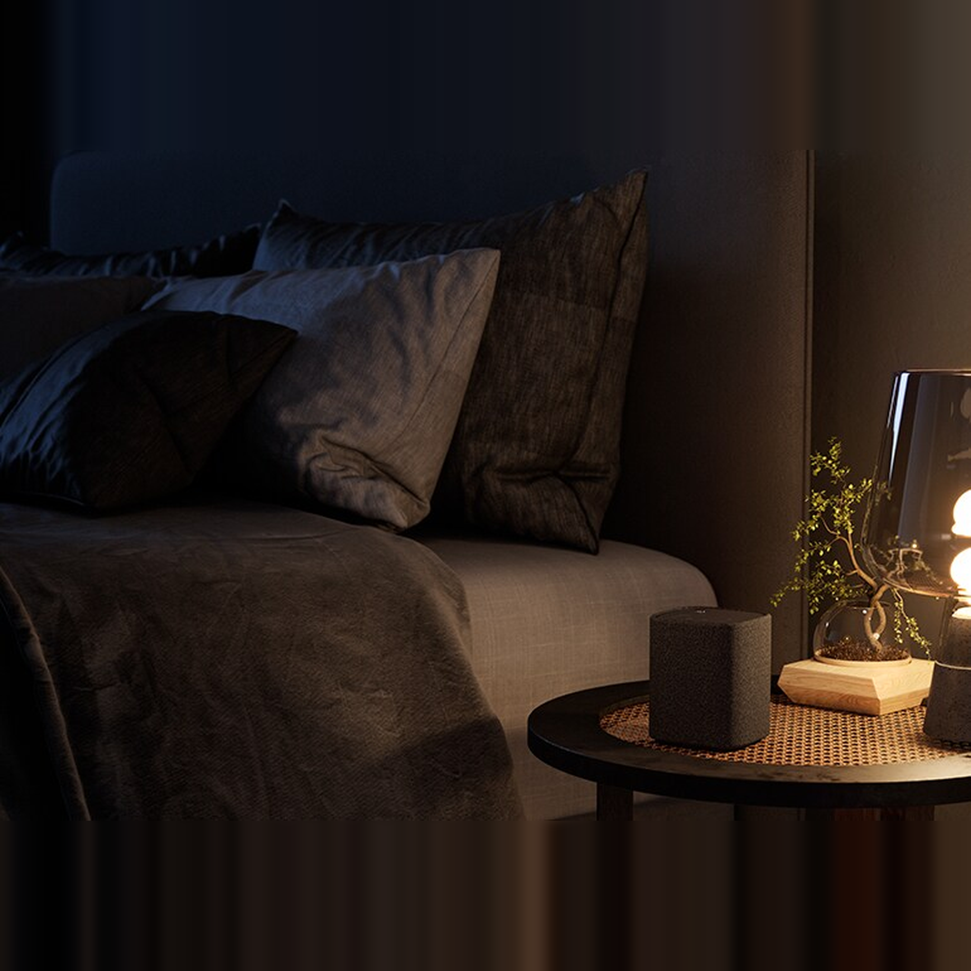 Yamaha True X Speaker 1A Rearspeaker WS-X1A Grau Lifestyle auf der Küchenablage vor der Fensterfront