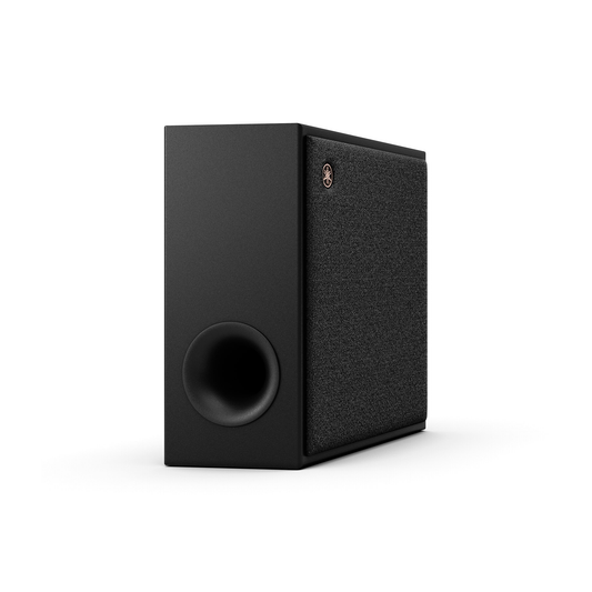Yamaha True X Sub 100A Subwoofer Grau Schrägansicht des drahtlosen Subwoofers mit Stoffbespannung
