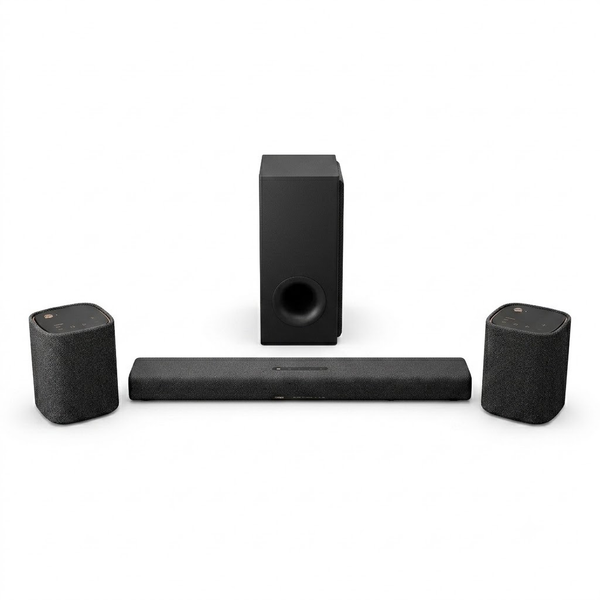 Yamaha True X Surround-Set (PK-TRUE50A) Grau Schrägansicht mit Soundbar, Subwoofer und Rears