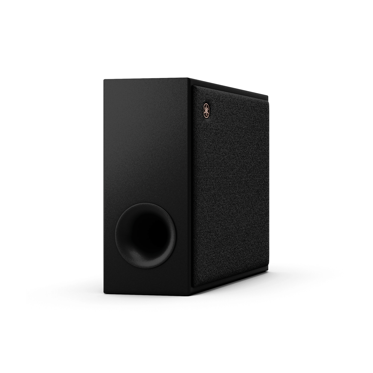 Yamaha True X Surround-Set PK-TRUE50A Schwarz Schrägansicht des drahtlosen Subwoofers mit Bassreflexöffnung