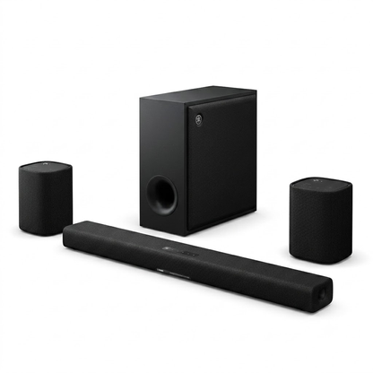 Yamaha True X Surround-Set (PK-TRUE50A) Schwarz Schrägansicht mit Soundbar, Subwoofer und Rears