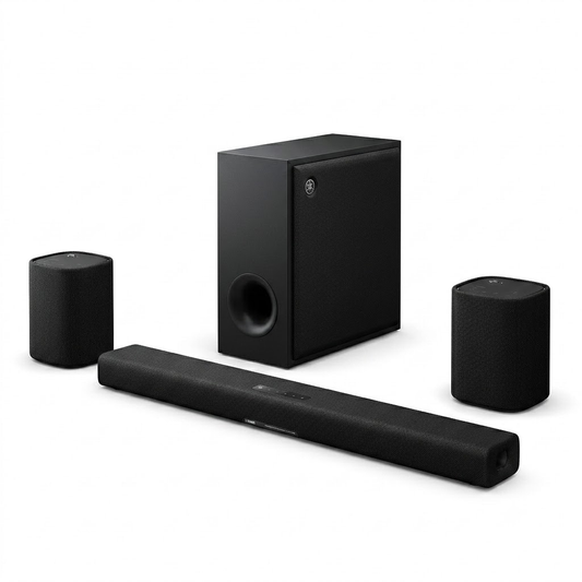 Yamaha True X Surround-Set (PK-TRUE50A) Schwarz Schrägansicht mit Soundbar, Subwoofer und Rears