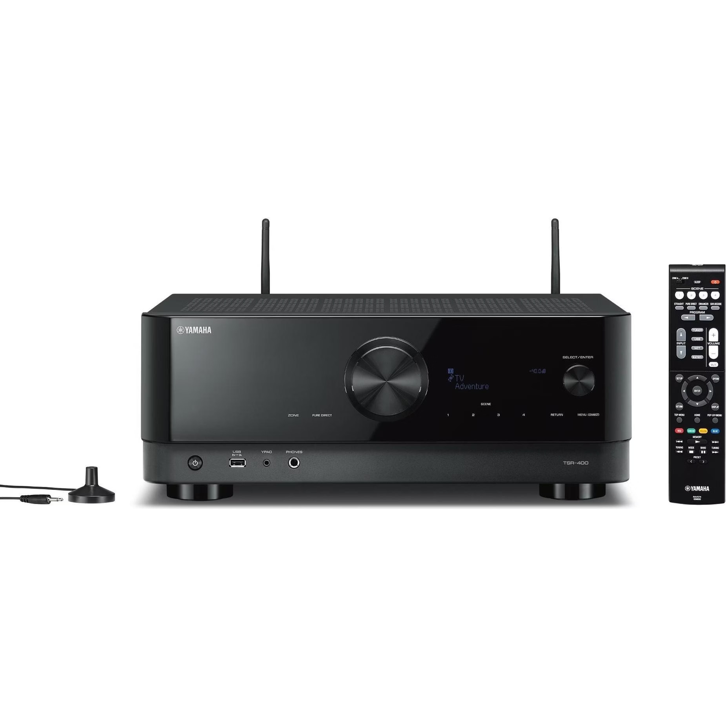 Yamaha TSR-400 AV-Receiver Schwarz Frontansicht mit aufgestellten Antennen und Fernbedienung