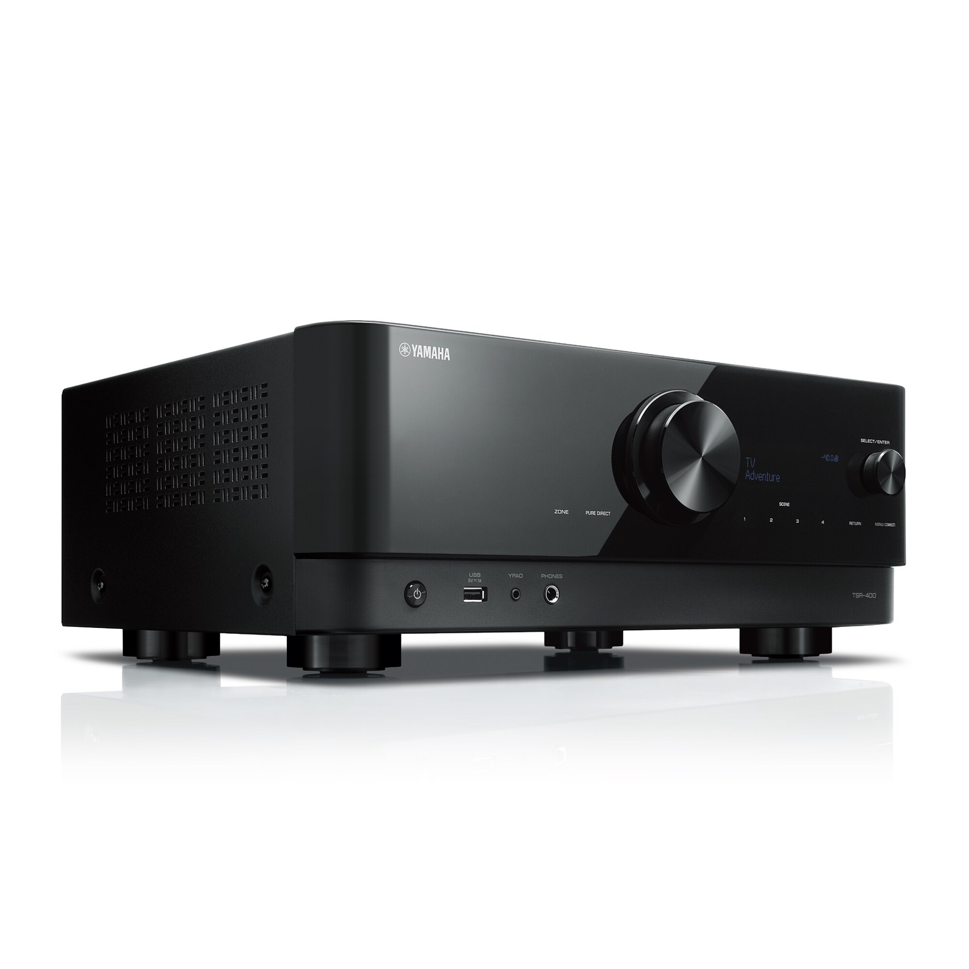 Yamaha TSR-400 AV-Receiver Schwarz Schrägansicht mit Lüftungsgitter und Lautstärkeregler