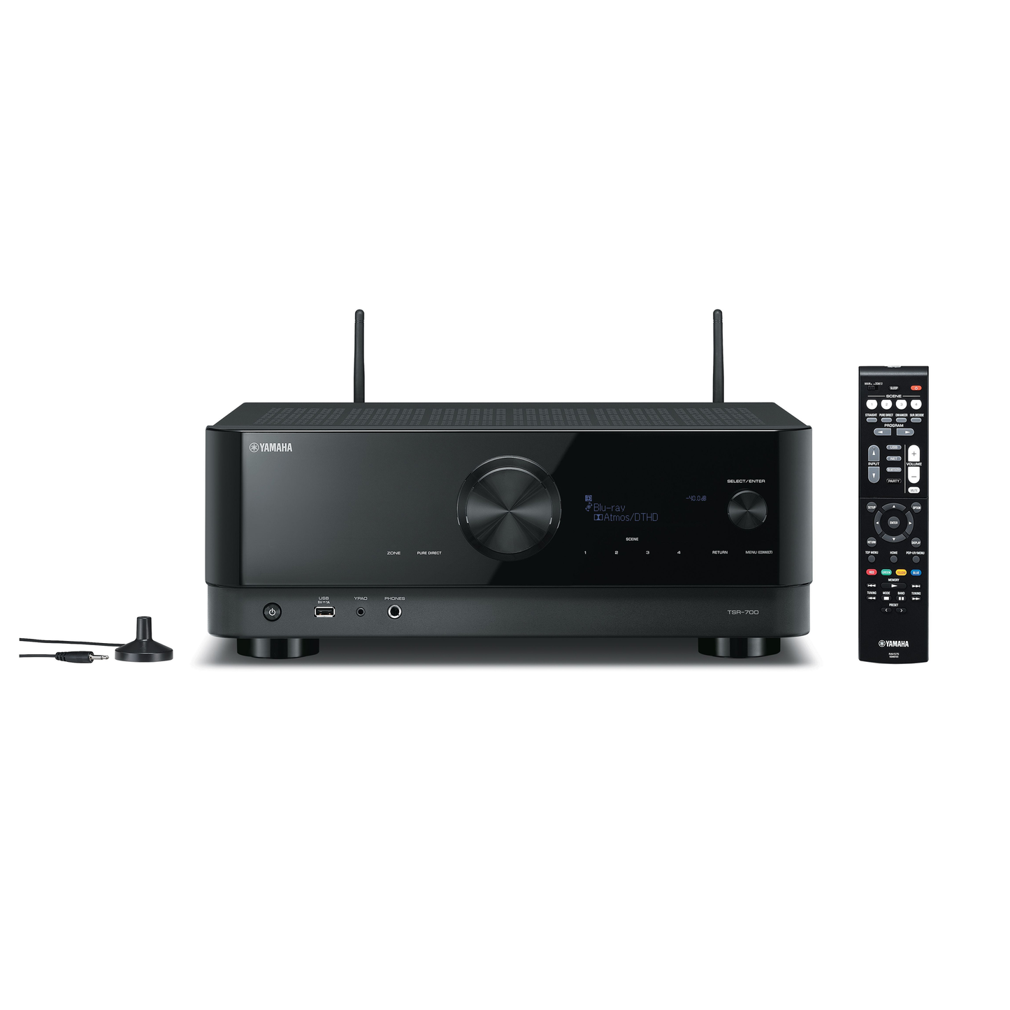 Yamaha TSR-700 AV-Receiver Schwarz Frontansicht mit aufgestellten Antennen und Fernbedienung