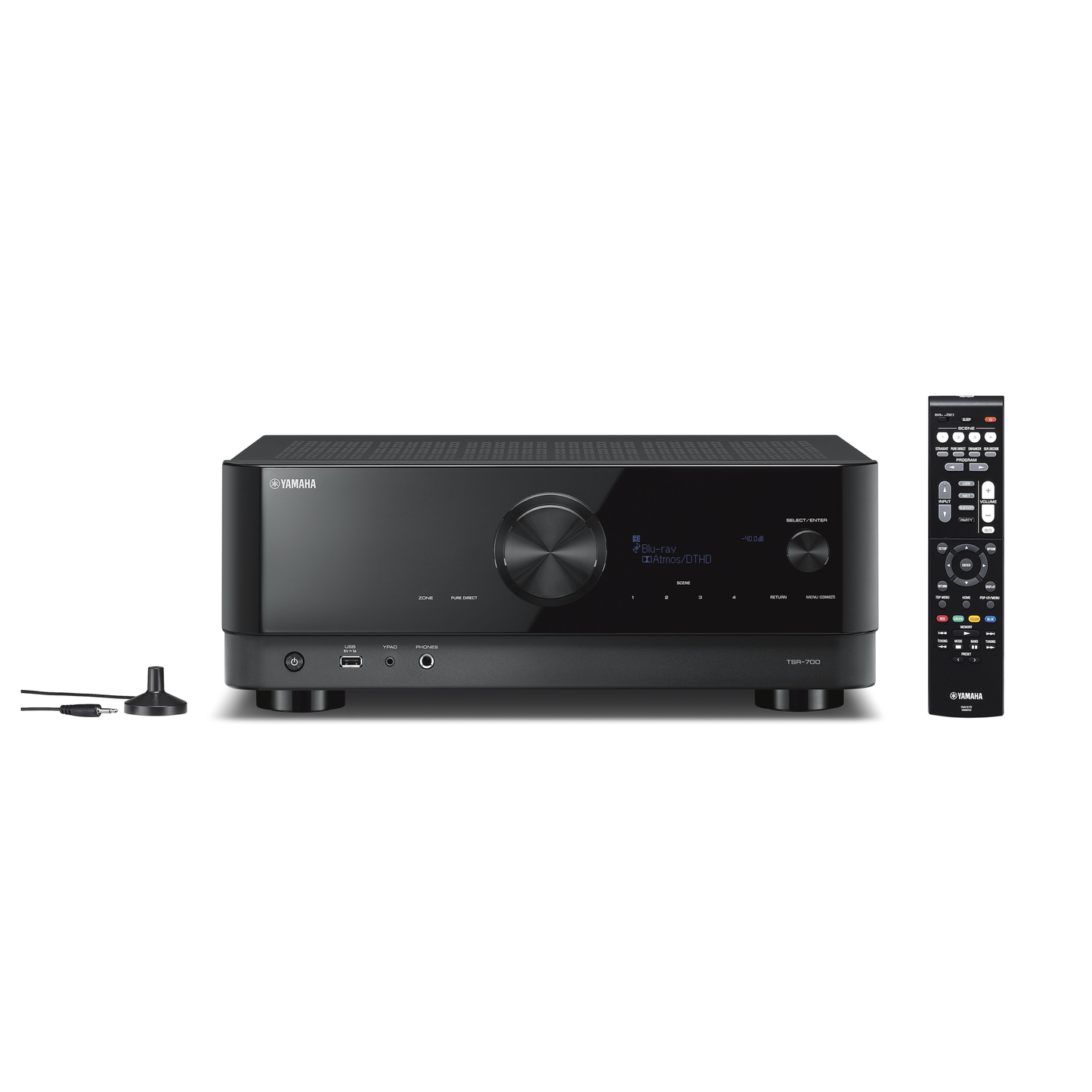 Yamaha TSR-700 AV-Receiver Schwarz Frontansicht mit Fernbedienung und Einmessmikrofon