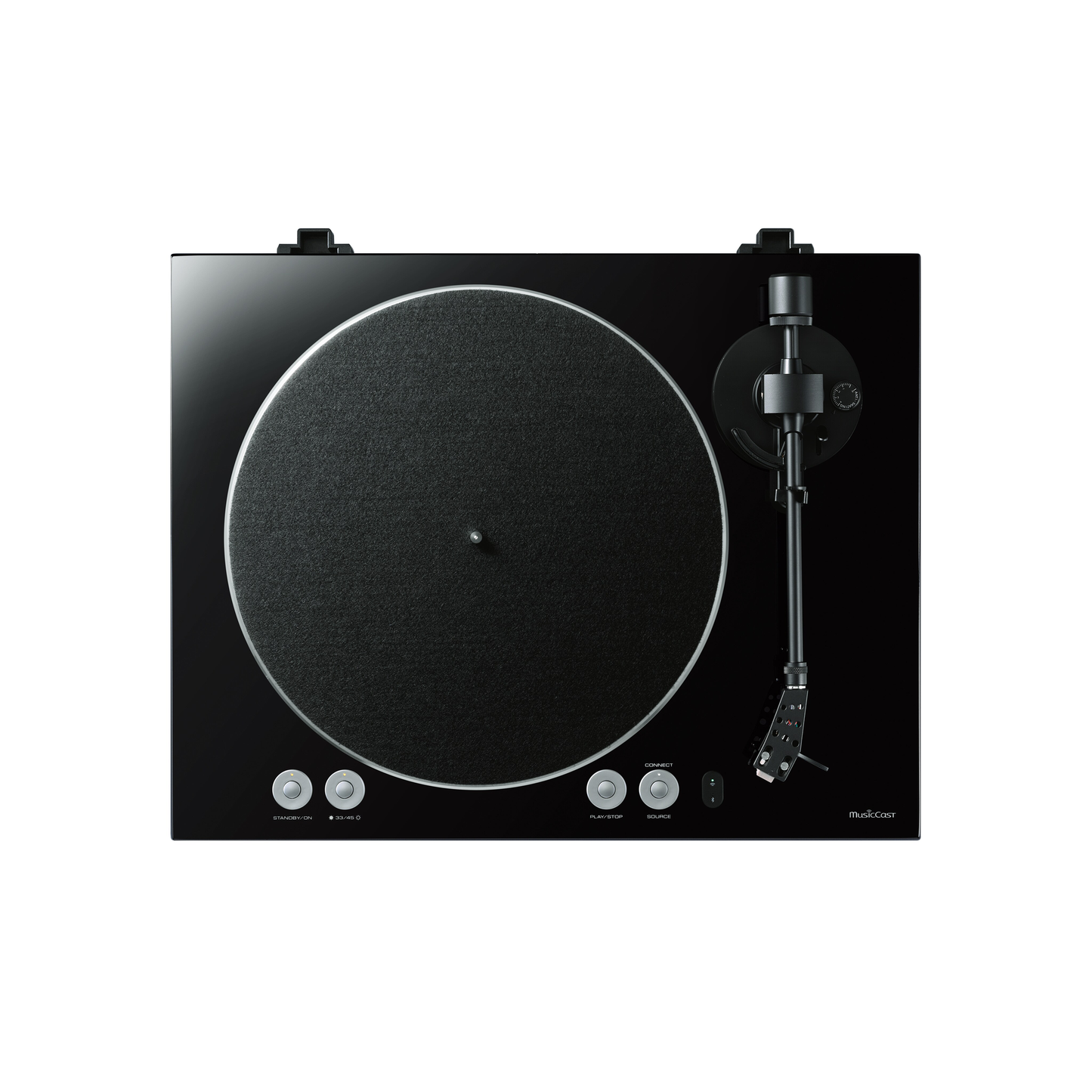 Yamaha TT-N503 MusicCast-Plattenspieler Schwarz Draufsicht mit Plattenteller und Bedientasten