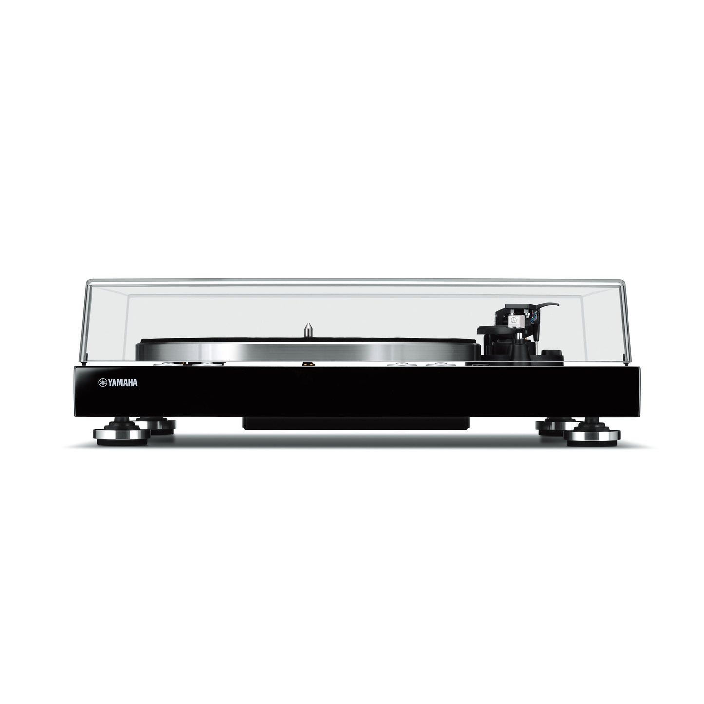 Yamaha TT-N503 MusicCast-Plattenspieler Schwarz Frontansicht mit geschlossener Staubschutzhaube