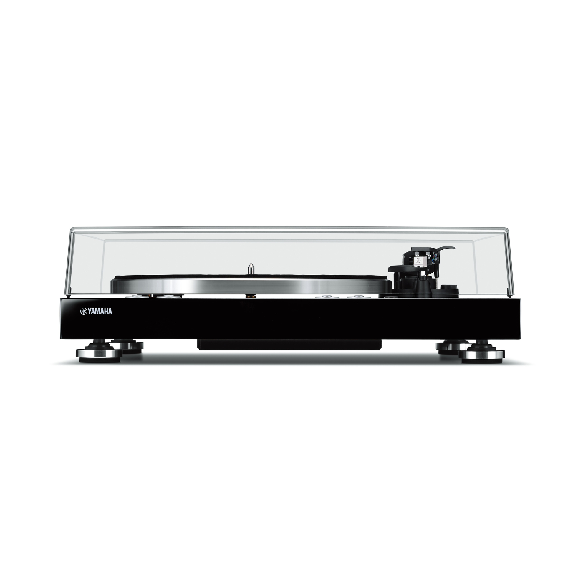 Yamaha TT-N503 MusicCast-Plattenspieler Schwarz Frontansicht mit geschlossener Staubschutzhaube
