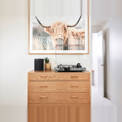 Yamaha TT-N503 MusicCast-Plattenspieler Schwarz Lifestyle auf Kommode mit Lautsprecher und Bild