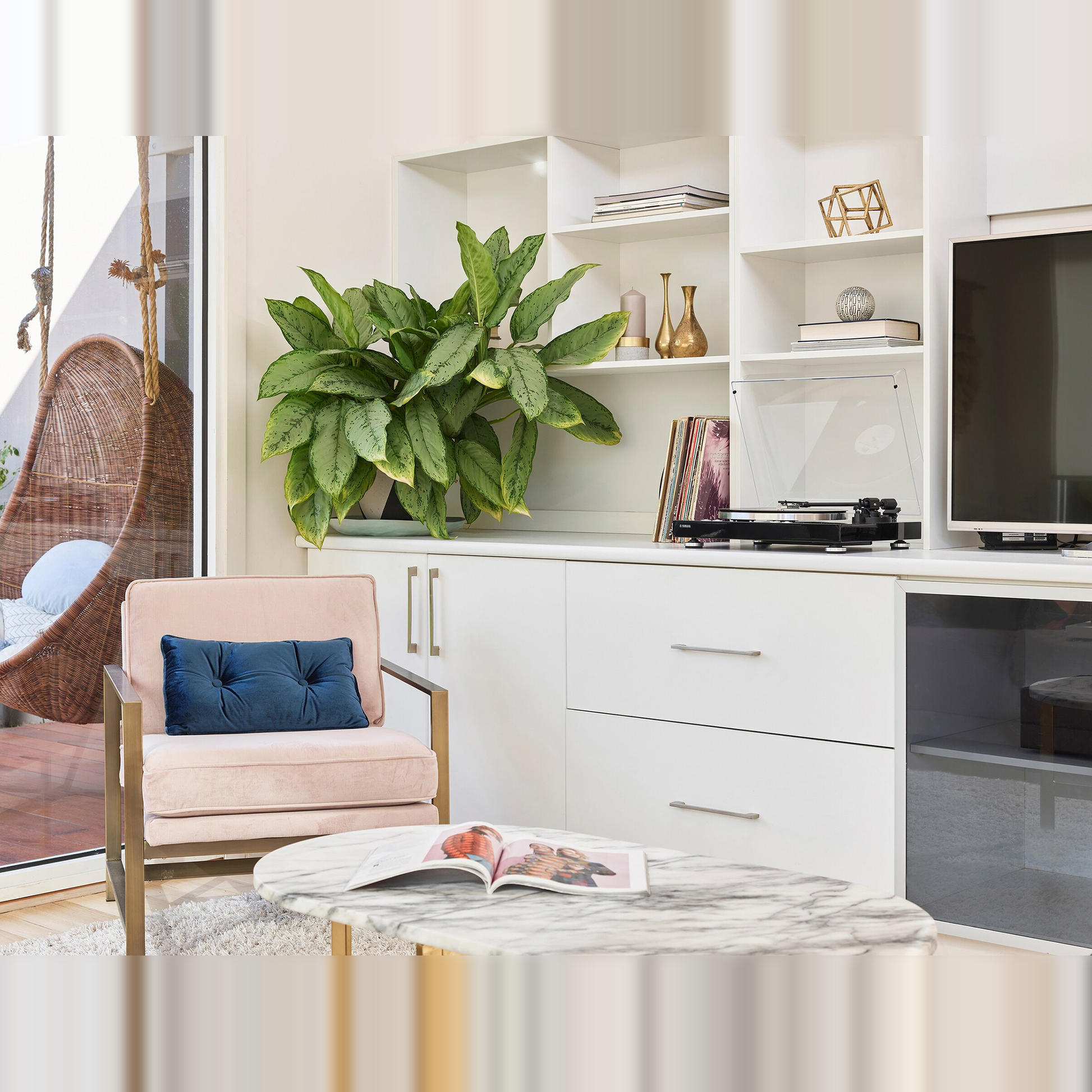 Yamaha TT-N503 MusicCast-Plattenspieler Schwarz Lifestyle im Wohnregal neben Fernseher und Pflanze