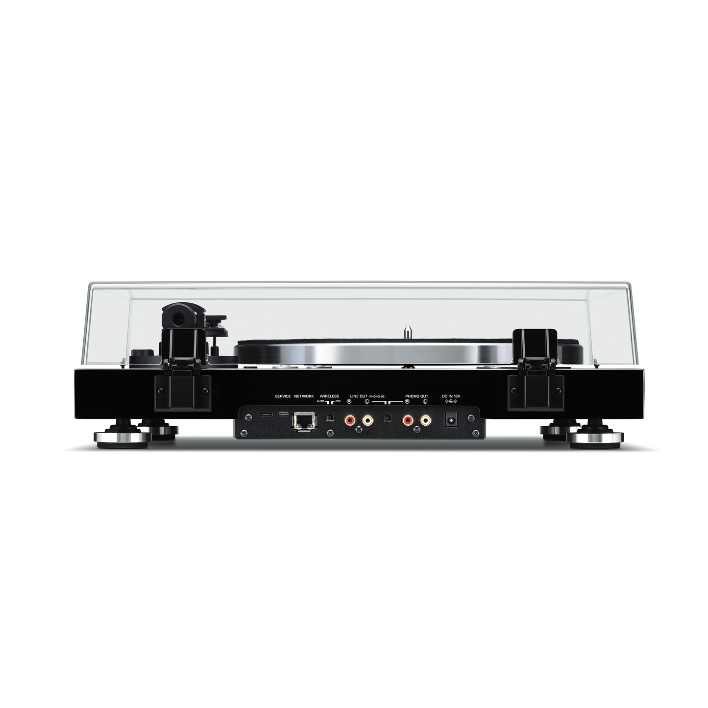 Yamaha TT-N503 MusicCast-Plattenspieler Rückansicht mit Netzwerkanschluss, Cinch-Ausgang und Phono-Umschalter
