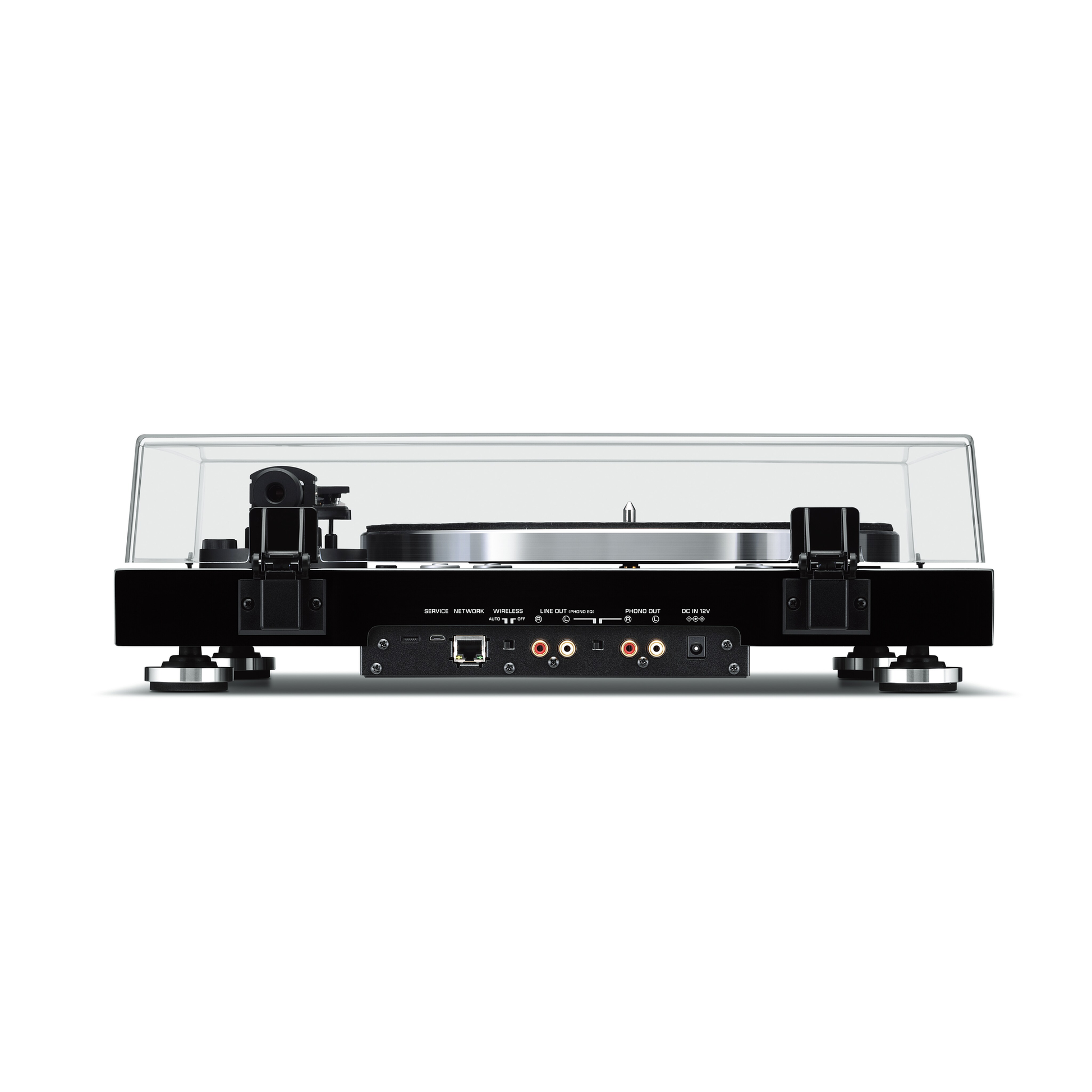 Yamaha TT-N503 MusicCast-Plattenspieler Rückansicht mit Netzwerkanschluss, Cinch-Ausgang und Phono-Umschalter