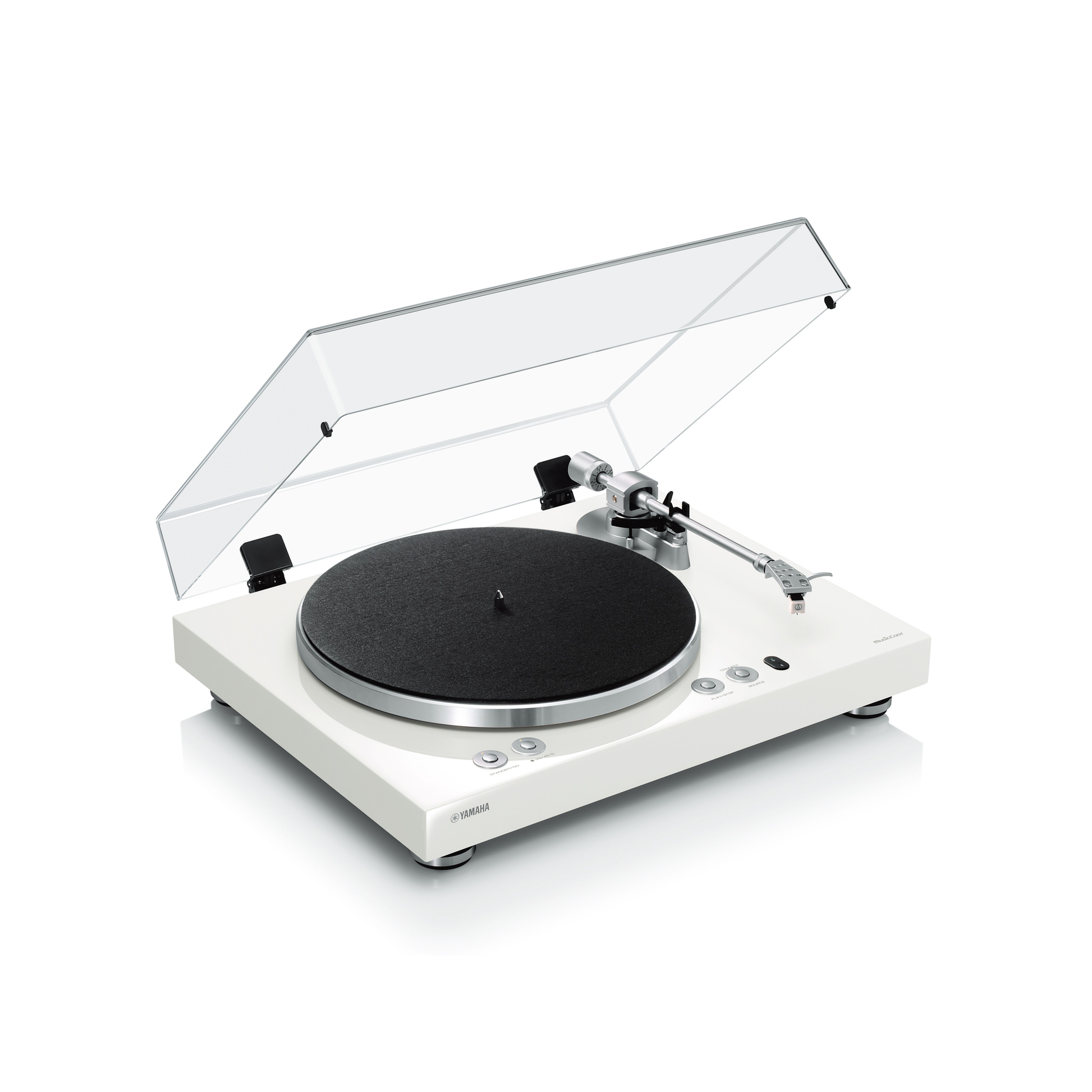 Yamaha TT-N503 MusicCast-Plattenspieler Weiss Schrägansicht mit geöffneter Staubschutzhaube