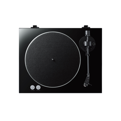 Yamaha TT-S303 Plattenspieler Schwarz Draufsicht mit Plattenteller, Tonarm und Bedientasten