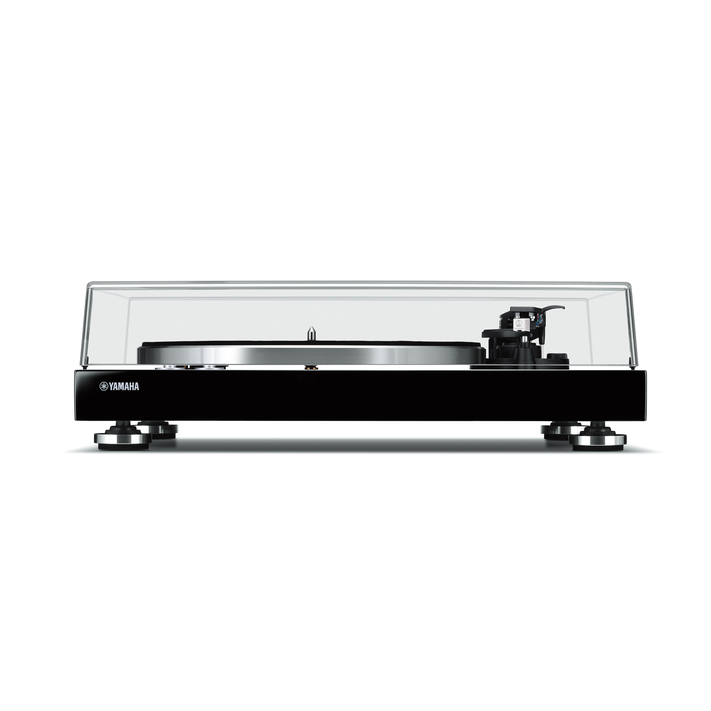 Yamaha TT-S303 Plattenspieler Schwarz Frontansicht mit geschlossener Staubschutzhaube