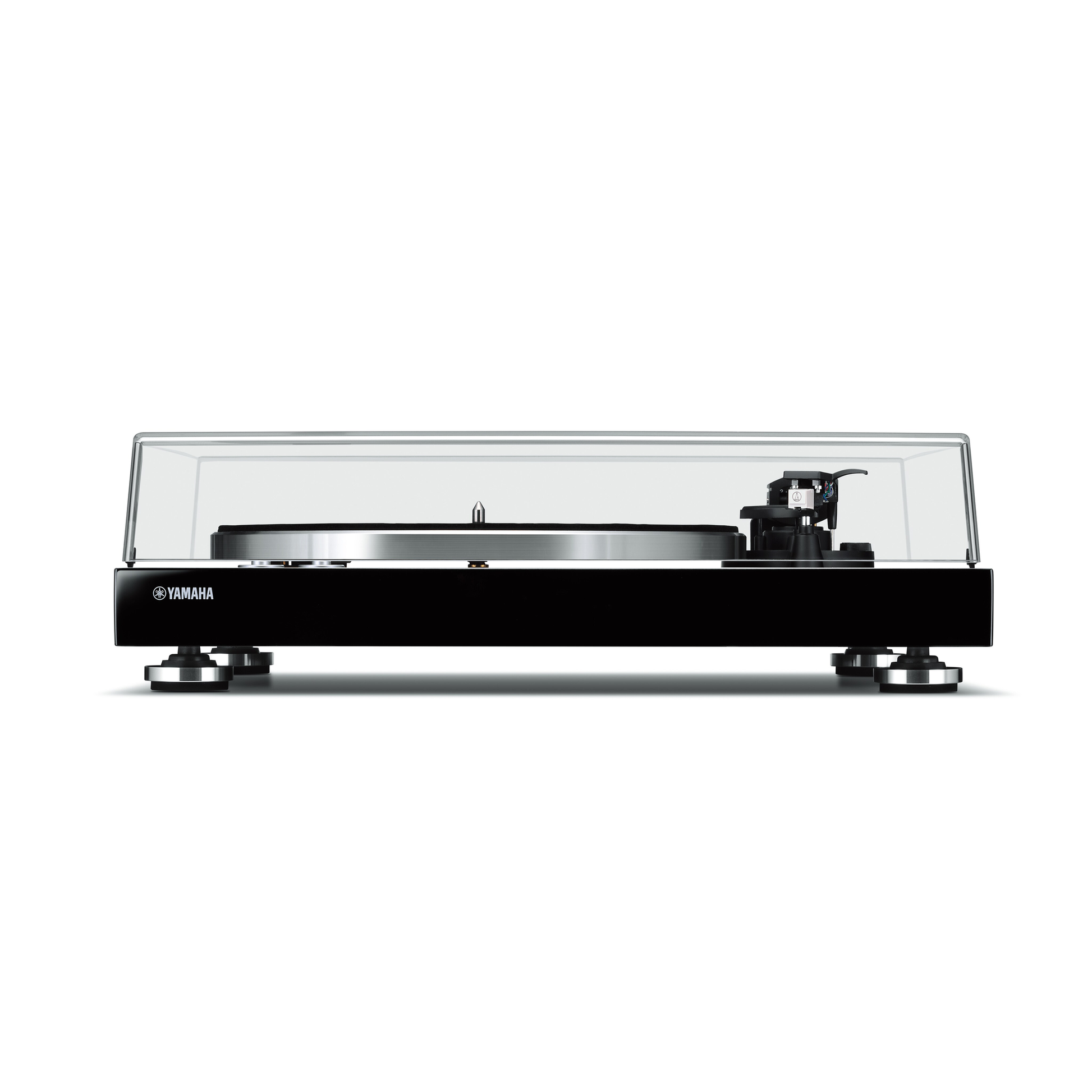 Yamaha TT-S303 Plattenspieler Schwarz Frontansicht mit geschlossener Staubschutzhaube