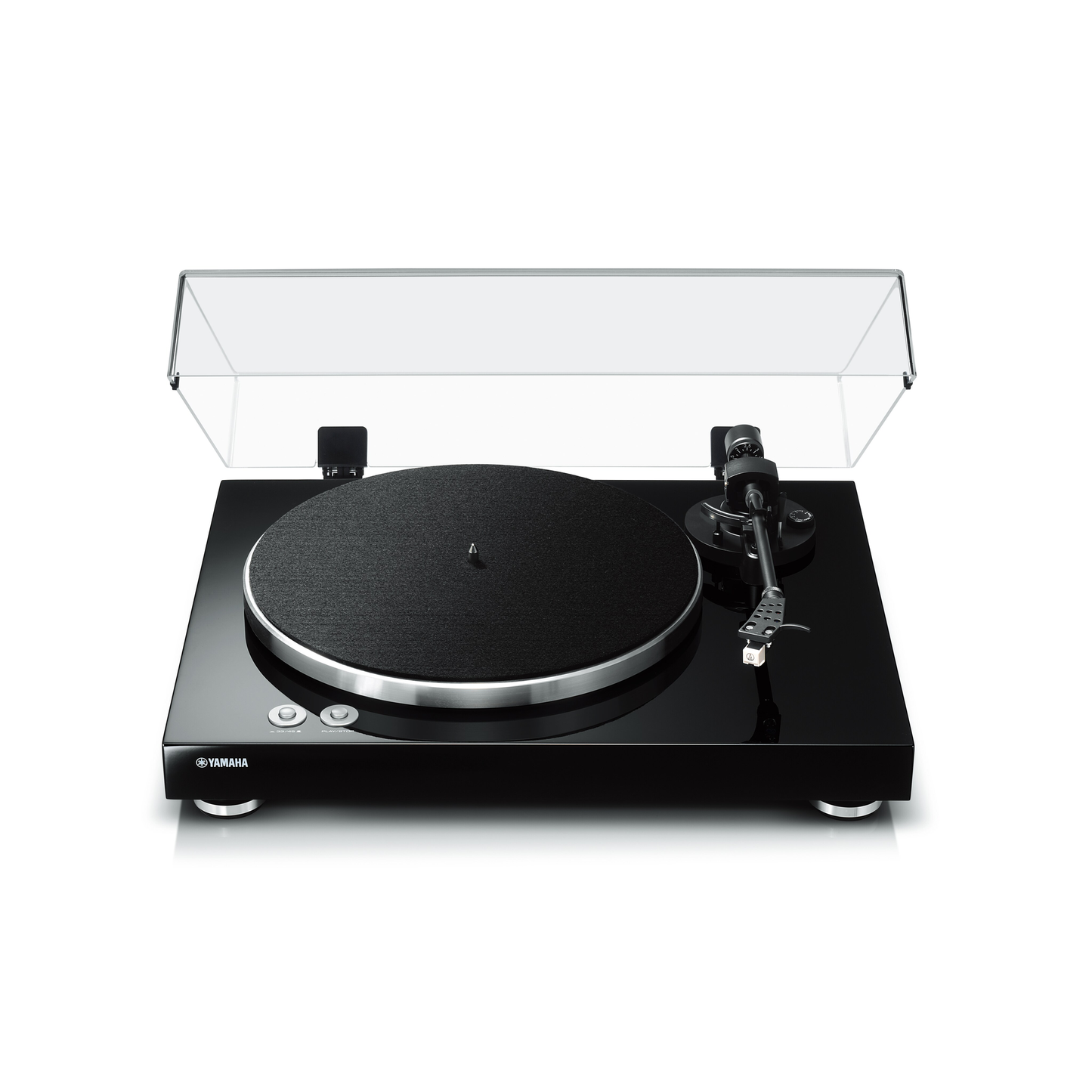 Yamaha TT-S303 Plattenspieler Schwarz Schrägansicht von rechts mit Tonarm und Plattenteller