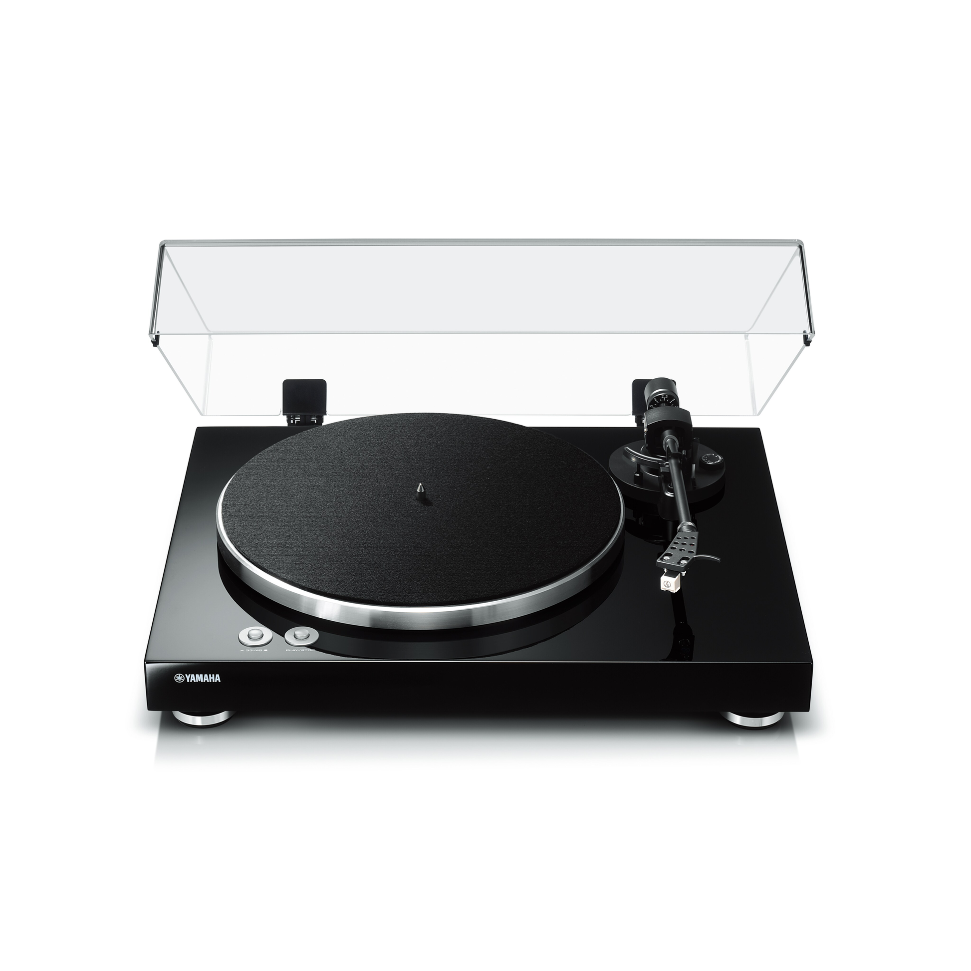 Yamaha TT-S303 Plattenspieler Schwarz Schrägansicht von rechts mit Tonarm und Plattenteller