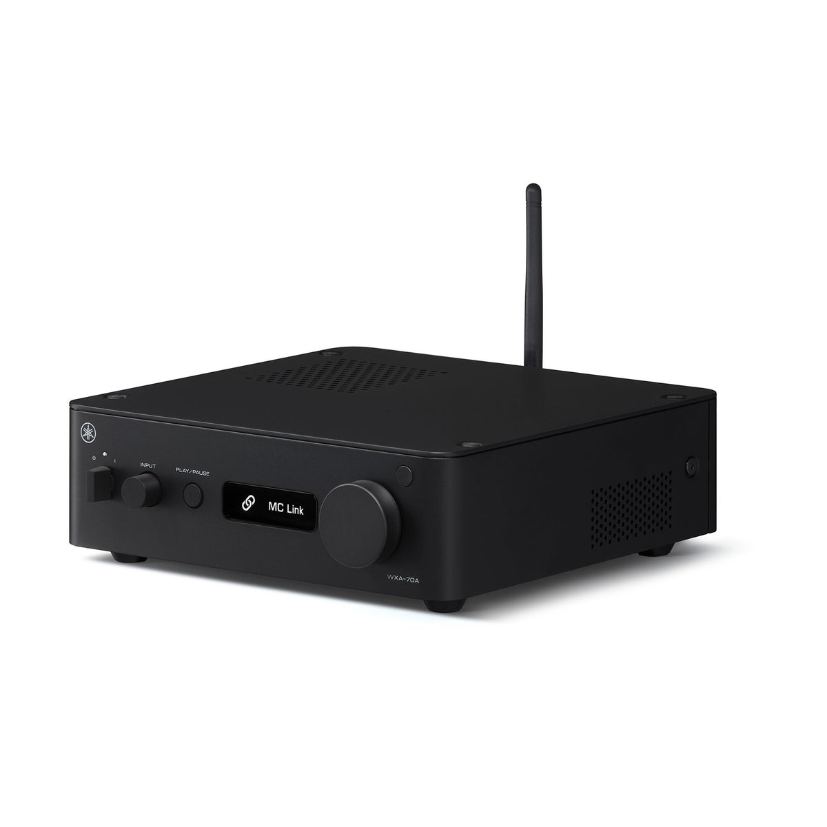 Yamaha WXA-70A Streaming-Verstärker Schwarz Schrägansicht mit angeschlossener Funkantenne