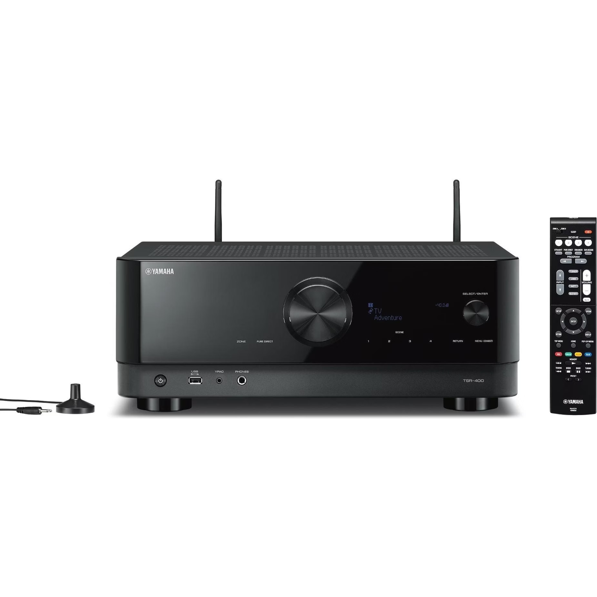Yamaha YHT-4960 5.1-Heimkino-Set Schwarz Frontansicht des AV-Receivers mit Fernbedienung