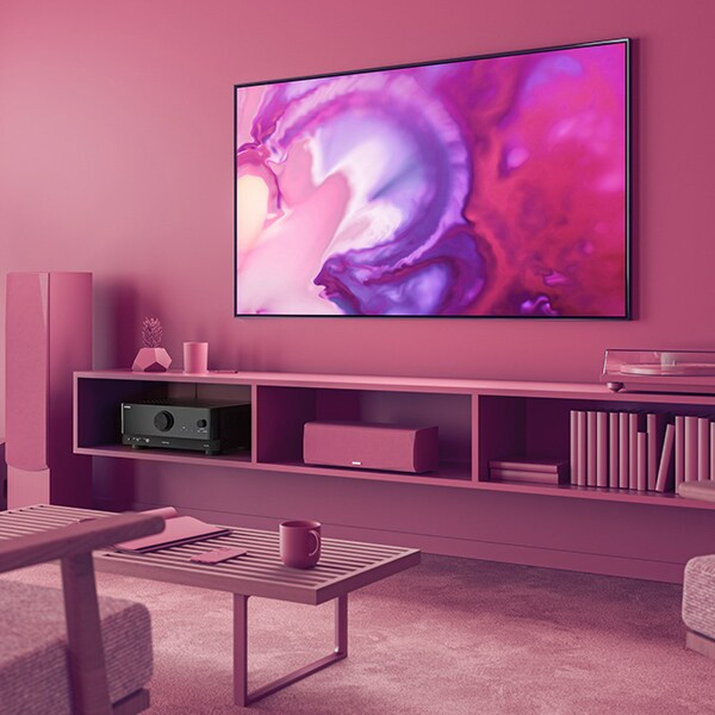 Yamaha YHT-4960 5.1-Heimkino-Set Schwarz Lifestyle im Wohnraum mit wandmontiertem Fernseher