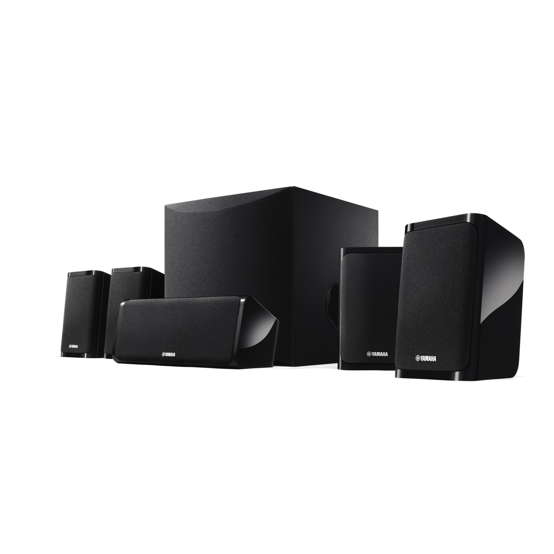 Yamaha YHT-4960 5.1-Heimkino-Set Schwarz Schrägansicht des Lautsprechersets mit Subwoofer