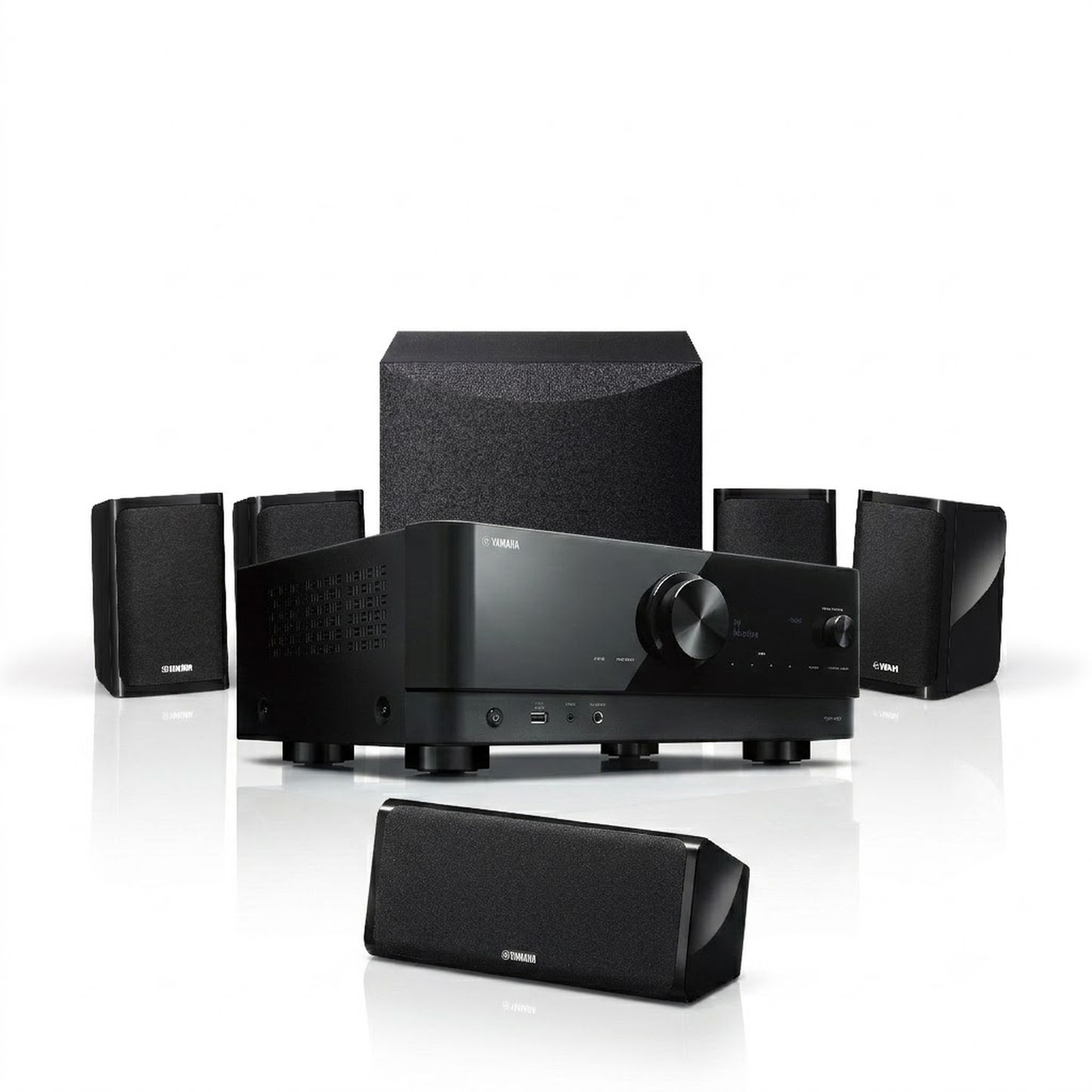 Yamaha YHT-4960 5.1-Heimkino-Set Schwarz Schrägansicht mit AV-Receiver und Lautsprecherset