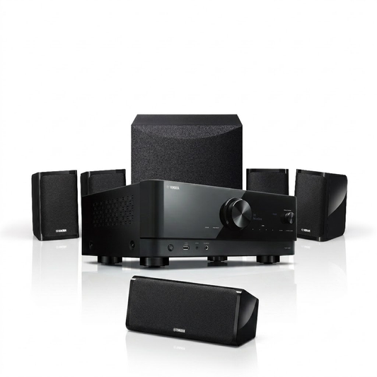 Yamaha YHT-4960 5.1-Heimkino-Set Schwarz Schrägansicht mit AV-Receiver und Lautsprecherset